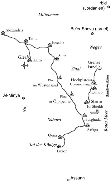 Streckenskizze meiner Fahrt durch Ägypten