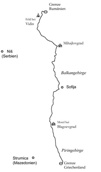 Streckenskizze meiner Fahrt durch Bulgarien