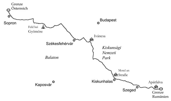 Streckenskizze meiner Fahrt durch Ungarn